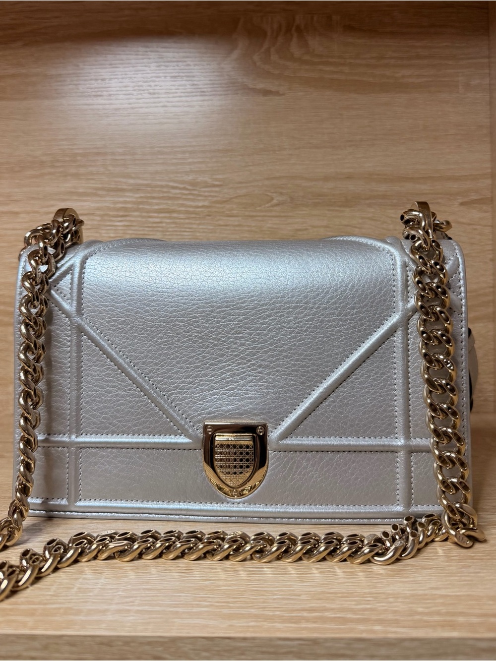 DIOR DIORAMA Silver Leather Crossbody with Gold Chain AUTHENTIC - Picture 7 of 12
